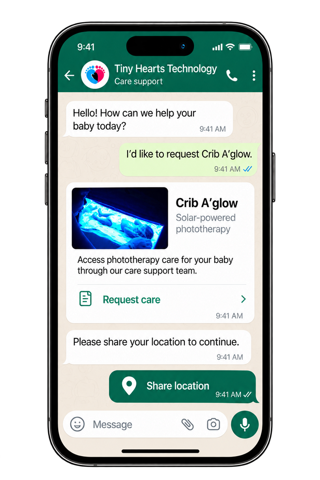 WhatsApp chat with Tiny Hearts Technology care support requesting a Crib A'glow unit